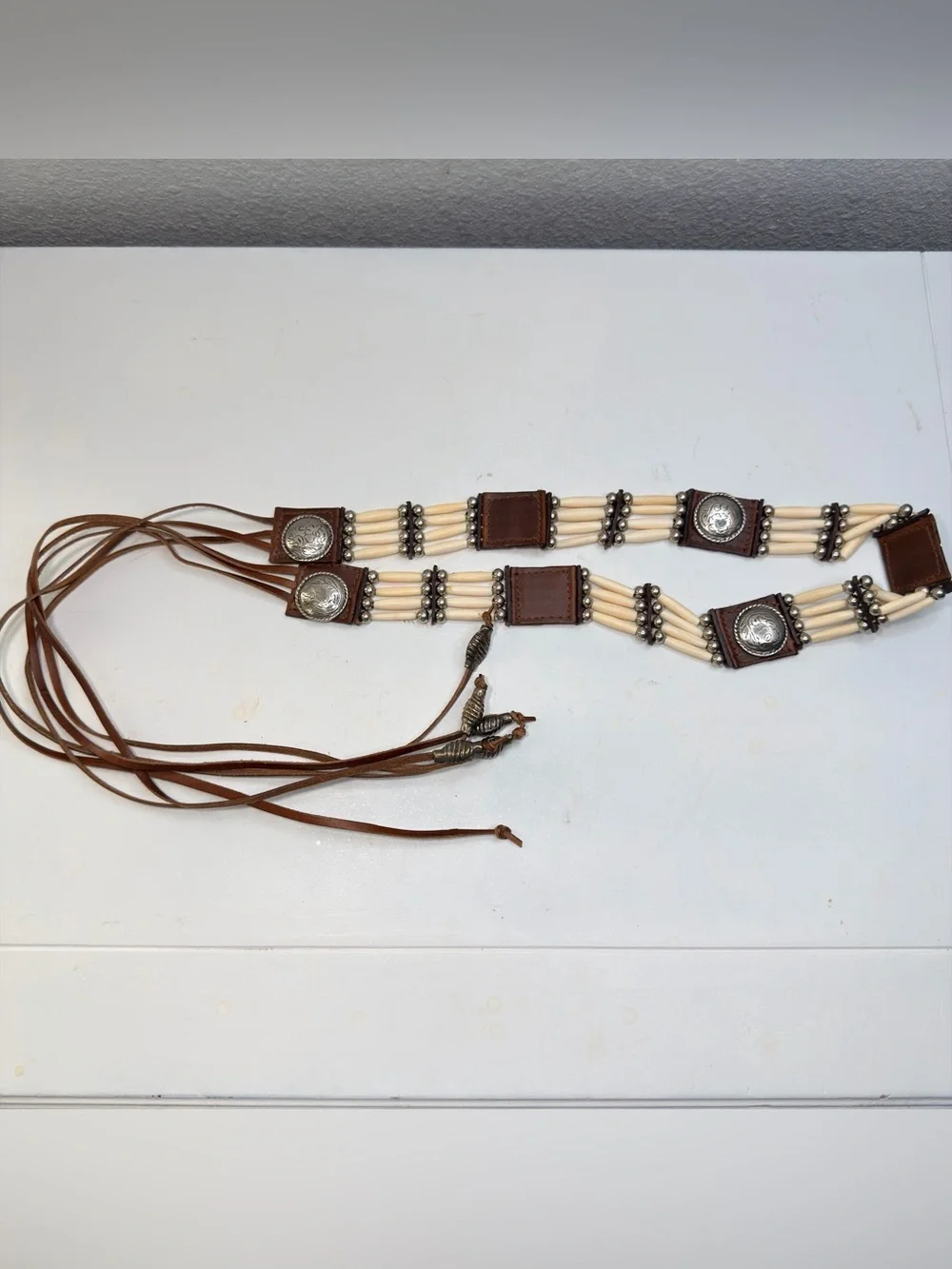 Vintage Western Leather Concho Tie Belt Bone Beads Southwestern Handmade